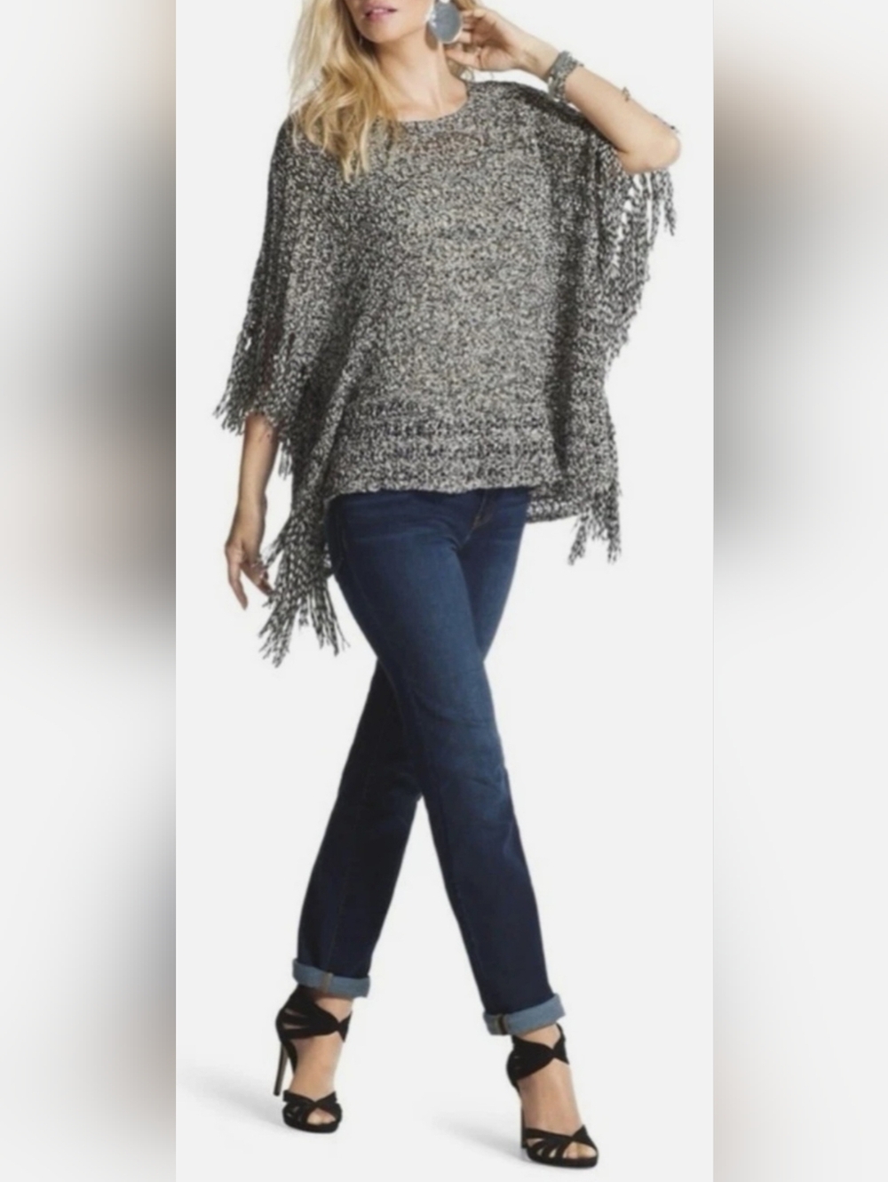 Chico's Fallon Fringe East West Black/Ecru Marled Knit Sweater Poncho One Size - Picture 12 of 16